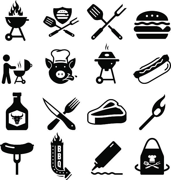 ilustraciones, imágenes clip art, dibujos animados e iconos de stock de iconos de barbacoa de la serie black - sausage barbecue hot dog isolated