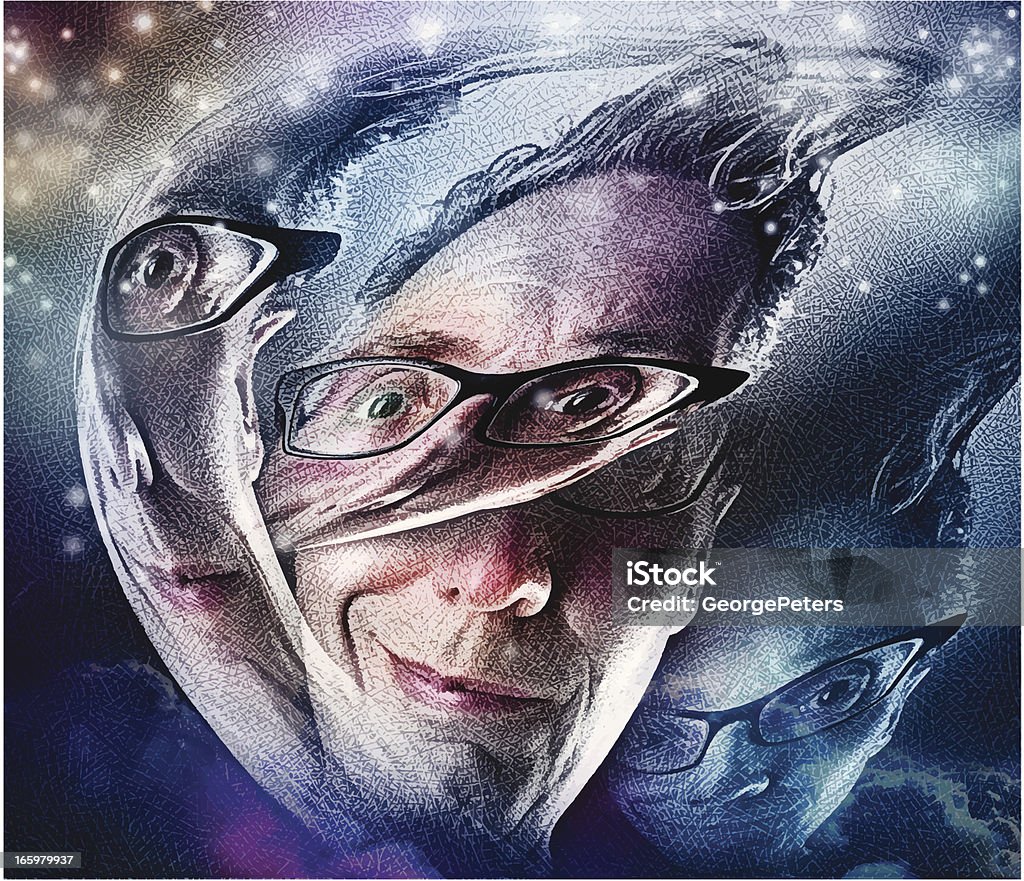 Purple Haze Brainstorm Portrait of man in the act of creative brainstorming. Crossing the threshold from brainstorming to solution. Schizophrenia stock vector