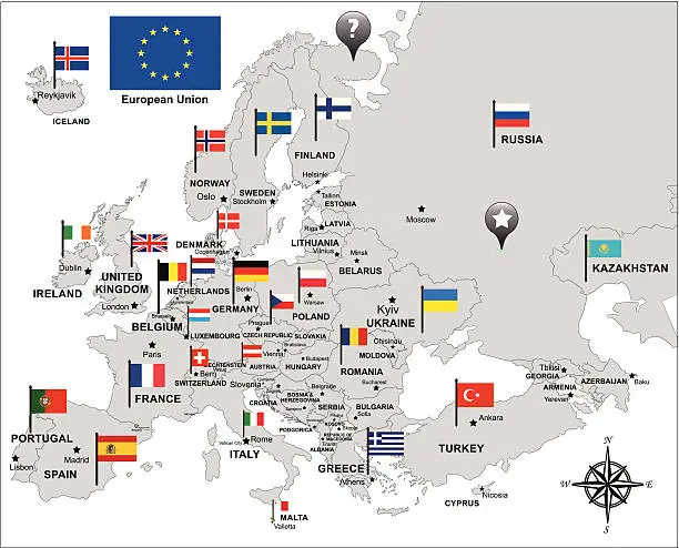 Vector illustration of europe map in gray with flags and pin icons
