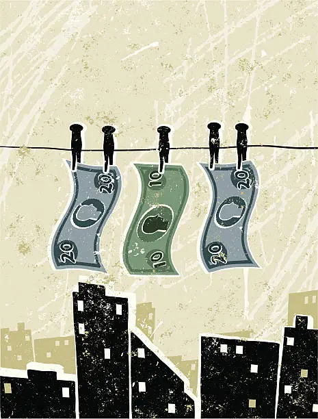 Vector illustration of Money Laundering, Bank Notes Pegged on to a Washing Line