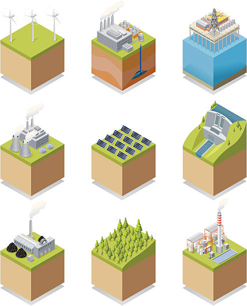 ilustraciones, imágenes clip art, dibujos animados e iconos de stock de isométricos de energía - nuclear energy nuclear power station wind turbine energy