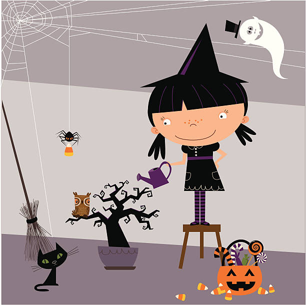 illustrazioni stock, clip art, cartoni animati e icone di tendenza di piccola strega e l'albero spettrale - halloween candy candy corn backgrounds