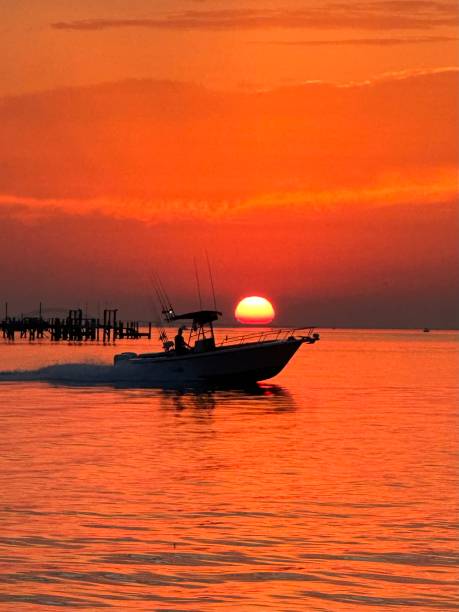 istock Fishing Boat At Sunrise On With Docks 1659802267