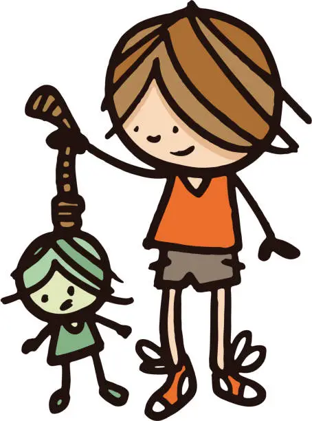 Vector illustration of Boy holding a hanging doll