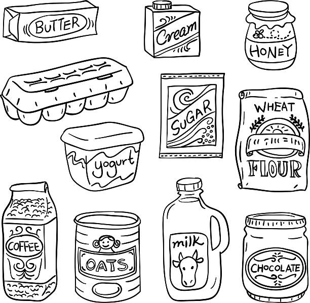 illustrazioni stock, clip art, cartoni animati e icone di tendenza di dairy cibo in bianco e nero - farina illustrazioni