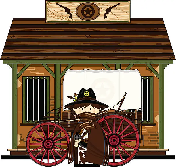 Vector illustration of Masked Cowboy Sheriff & Wagon at Jail
