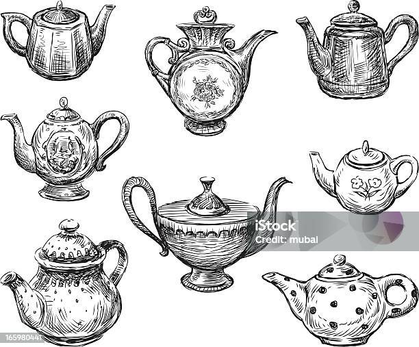 Коллекция Teapots — стоковая векторная графика и другие изображения на тему Чайник для заварки - Чайник для заварки, Набросок, Чай - горячий напиток