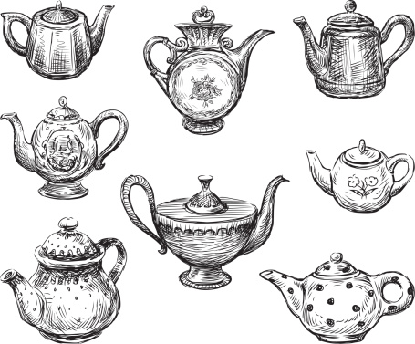 Vector image of a collection of different teapots.
