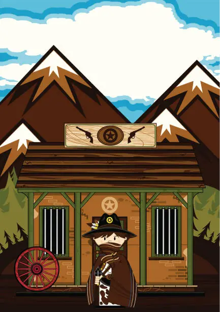 Vector illustration of Cowboy Sheriff in Poncho at Jailhouse Scene