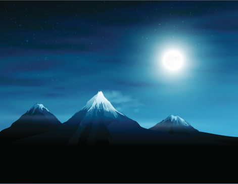 Vector illustration of a mountain landscape with the moon. EPS10 transparency effects.