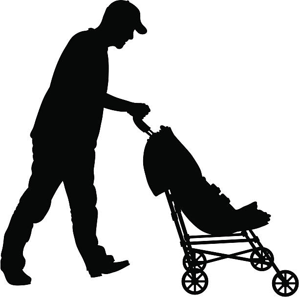 ilustraciones, imágenes clip art, dibujos animados e iconos de stock de stroller dad - pushing silhouette men leaning