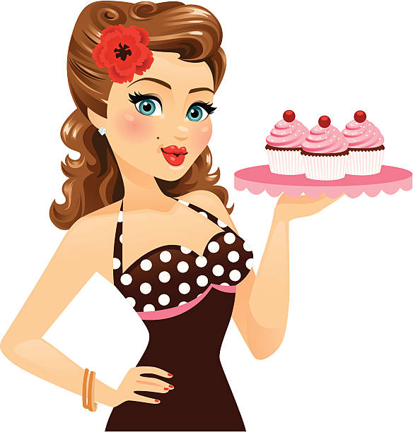 Pin Up Girl Holding Cupcakes A beautiful pin up style girl holding cupcakes. Cupcakes and tray are on a different layer so pin up girl just has "gesturing hand". Flower can be removed. pin up girl cake stock illustrations
