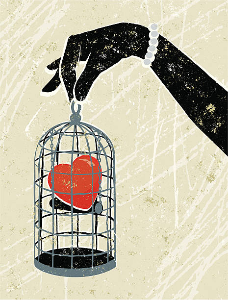 ilustraciones, imágenes clip art, dibujos animados e iconos de stock de mano de mujer sosteniendo corazón atrapada en una jaula de pájaros - femme fatale