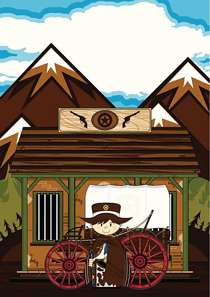 Vector illustration of Cowboy Sheriff & Wagon at Jailhouse