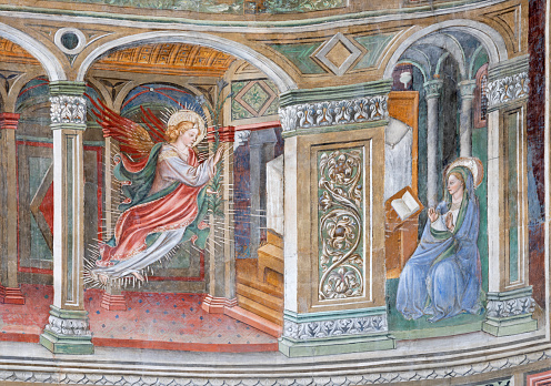 Naples - The fresco of  Annunciation in the church Chiesa di San Giovanni a Carbonara by Leonardo da Besozzo from 15. cent.