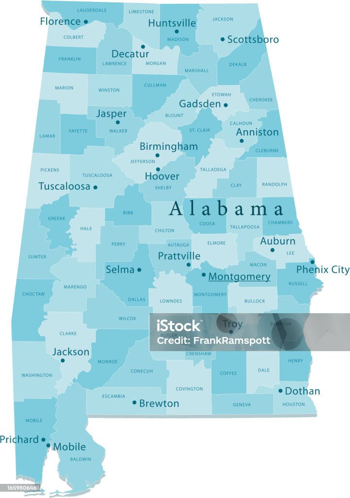 Alabama Wektor Mapa regionów puste - Grafika wektorowa royalty-free (Stan Alabama)