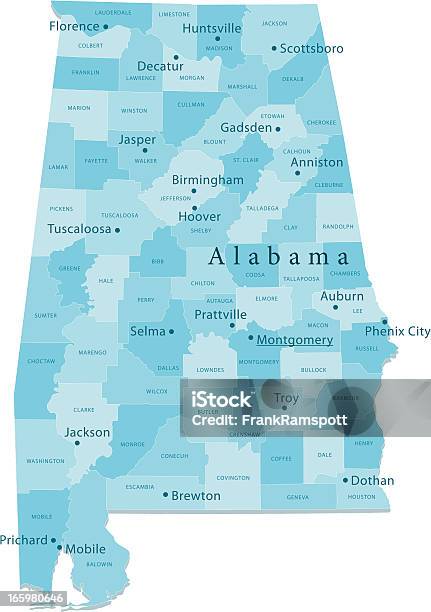 Alabama Wektor Mapa Regionów Puste - Stockowe grafiki wektorowe i więcej obrazów Stan Alabama - Stan Alabama, Mapa, Huntsville - Stan Alabama