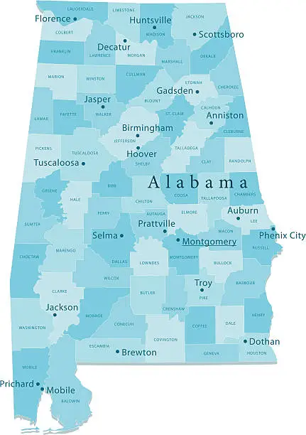 Vector illustration of Alabama Vector Map Regions Isolated