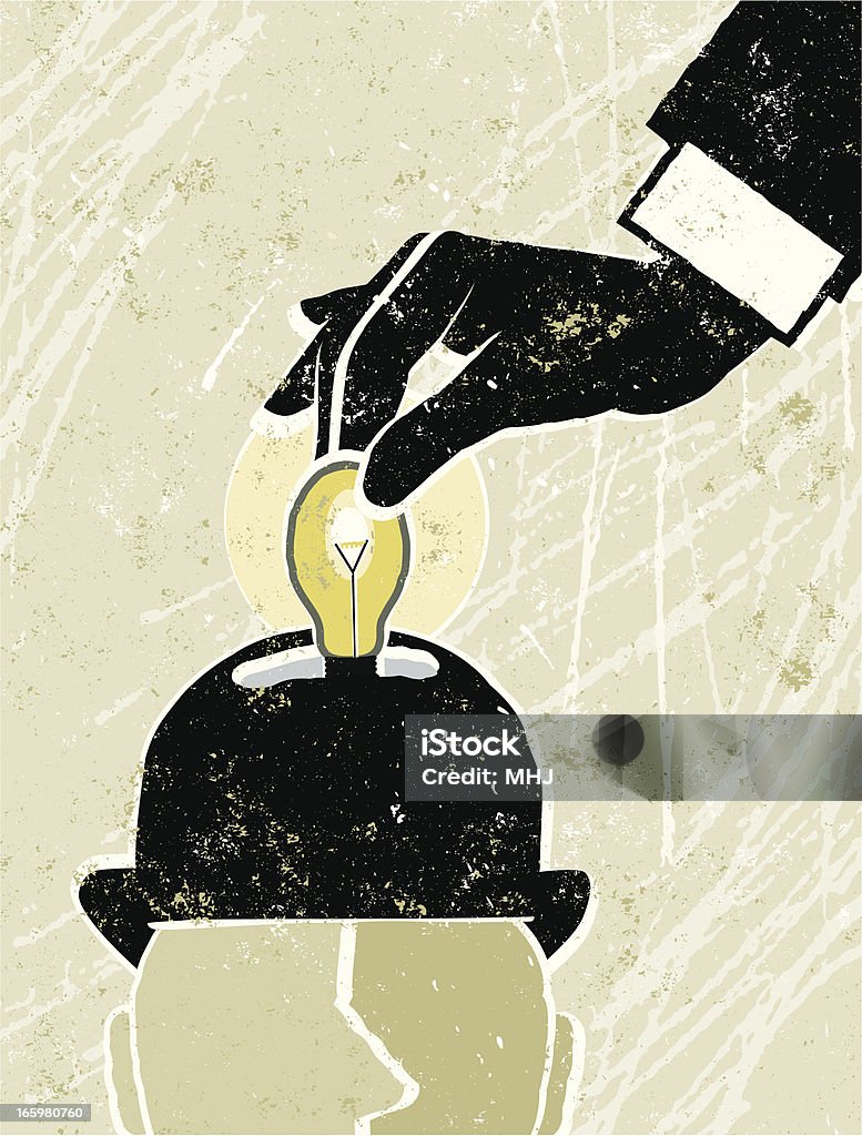 Mann Hand Putting-Glühbirne in die Kappe von einem Geschäftsmann - Lizenzfrei Beleuchtet Vektorgrafik