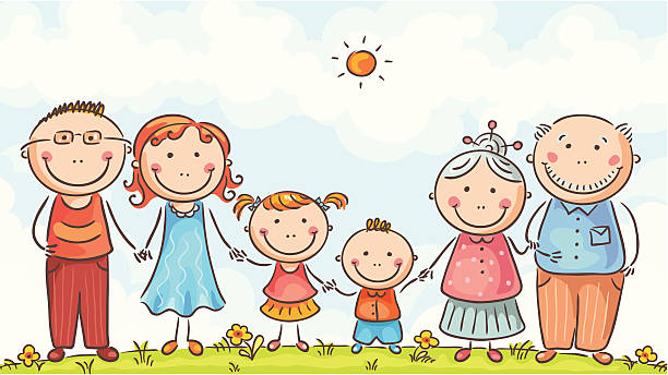 Big happy family A family with two kids outdoors, no gradients. mother drawings stock illustrations