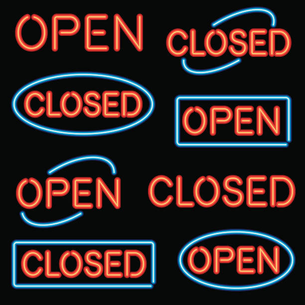 ilustraciones, imágenes clip art, dibujos animados e iconos de stock de neón'abrir'y'closed'señal de juego - open sign