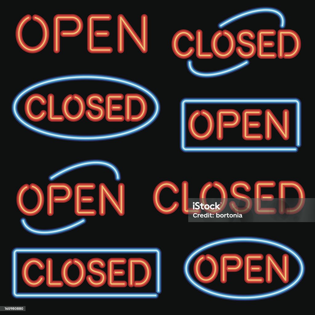 Sinal de néon'Open'e'Closed'conjunto - Royalty-free Placa de Open arte vetorial