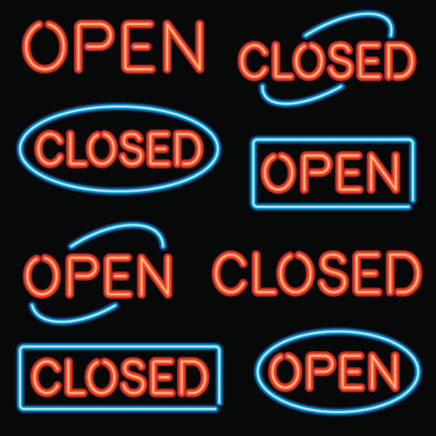 Neon 'Open' and 'Closed' Sign Set A set of simple 'Open' and 'Closed' signs in neon. No gradients or transparencies used. open sign stock illustrations