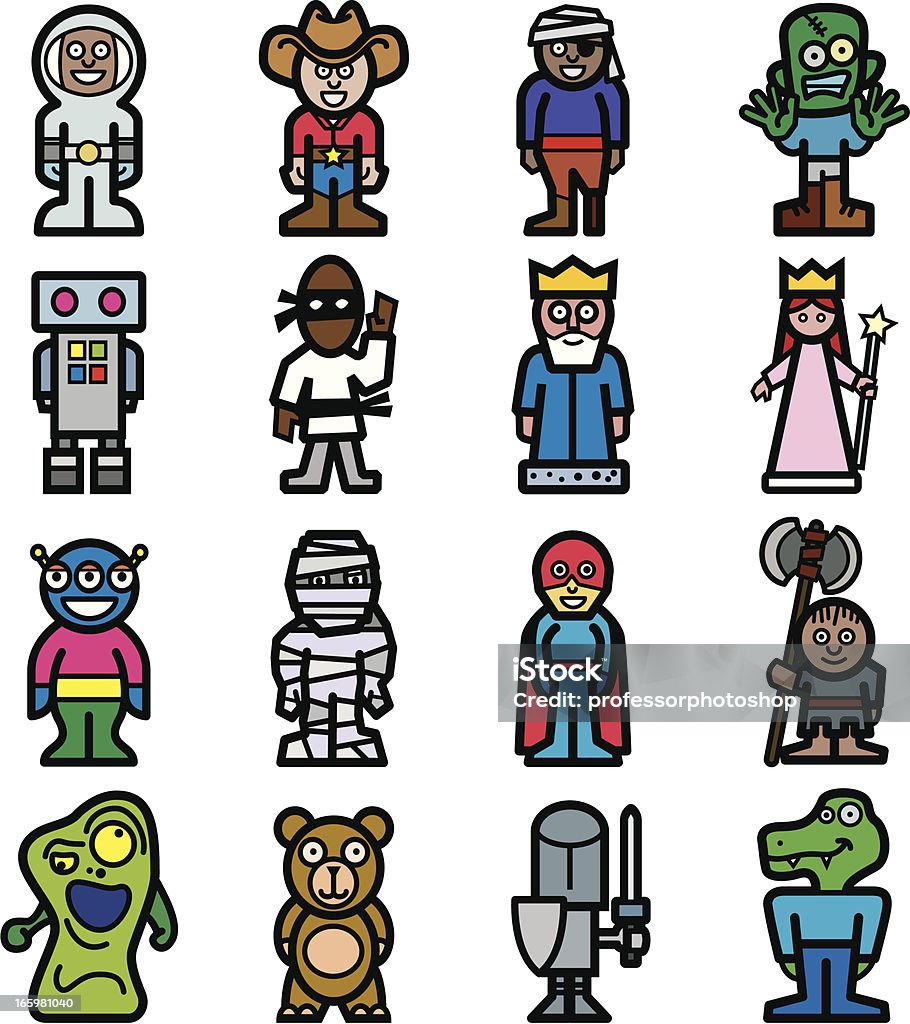 Colorful Characters Sixteen characters (astronaut, monster, cowboy and more), each on its named layer. Zipped file contains hi-res jpeg and AI8 .eps Astronaut stock vector