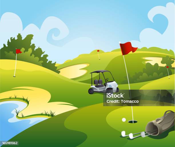 Campo De Golfe Bela Paisagem - Arte vetorial de stock e mais imagens de Carrinho de Golfe - Carrinho de Golfe, Paisagem Ondulada, Taco de Golfe