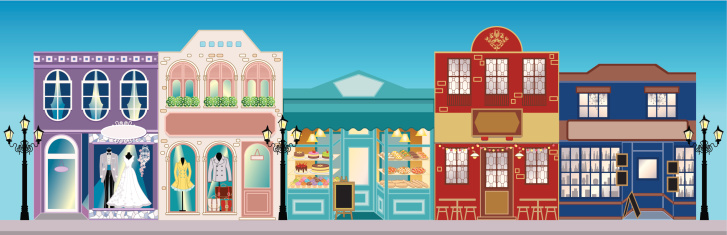 Vector illustration of the detailed Retro Street Shops in different architectural styles, type and colours. Shop included bridal shop, clothing shop, bakery, cafe and restaurant. Each shop is individually grouped and can be separated easily.