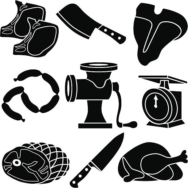 meat and grinder icons Vector icons of various meat and poultry with pork chops, cleaver, steak, sausages, meat grinder, scale, ham, knife, chicken. sausage grinder stock illustrations