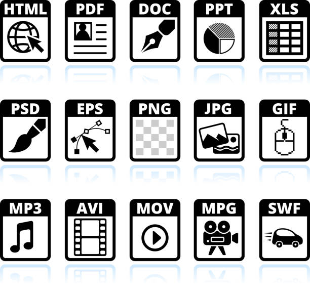 ilustrações, clipart, desenhos animados e ícones de tipos e formatos de arquivo & preto branco, vector conjunto de ícones - pdf symbol document icon set