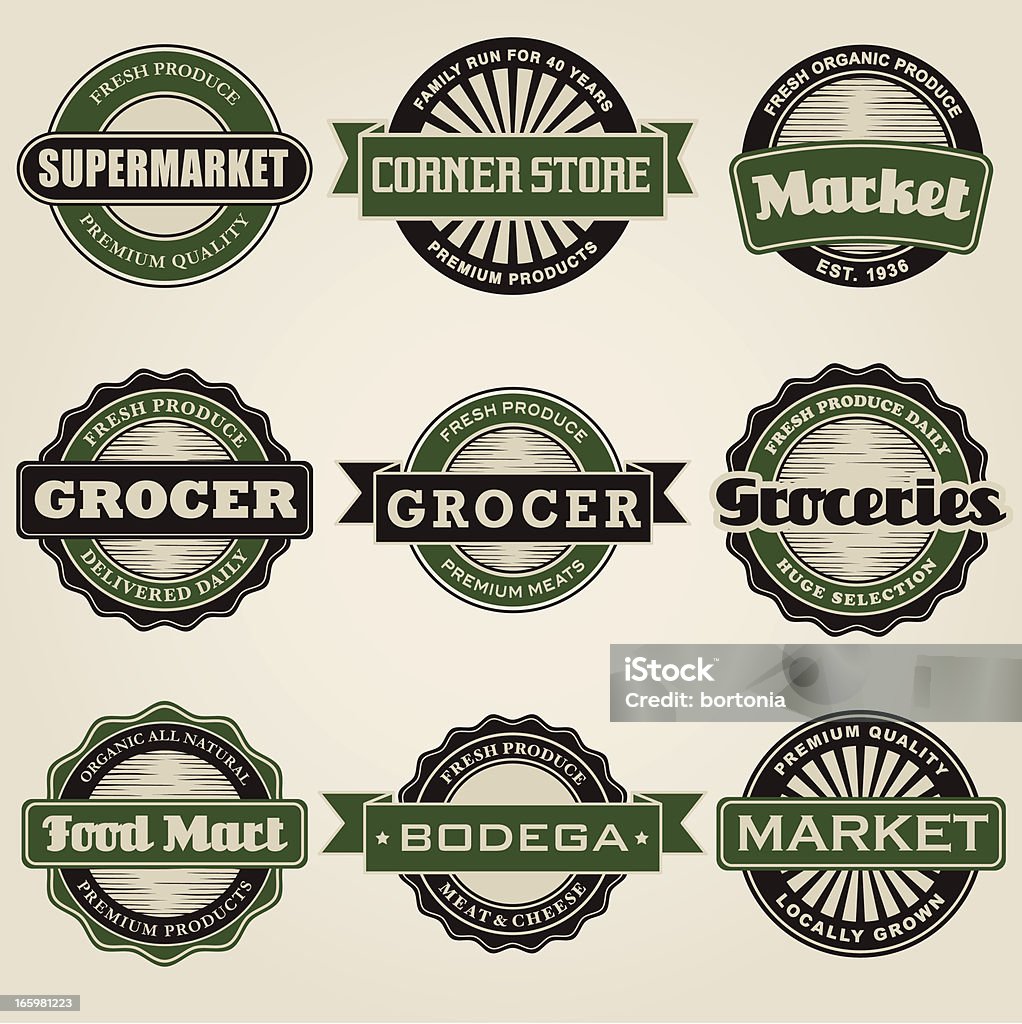 Vintage Supermarket Labels Icon Set A set of vintage styled grocery store labels. No gradients or transparencies were used. Color swatches are global for easy color edits. Convenience Store stock vector