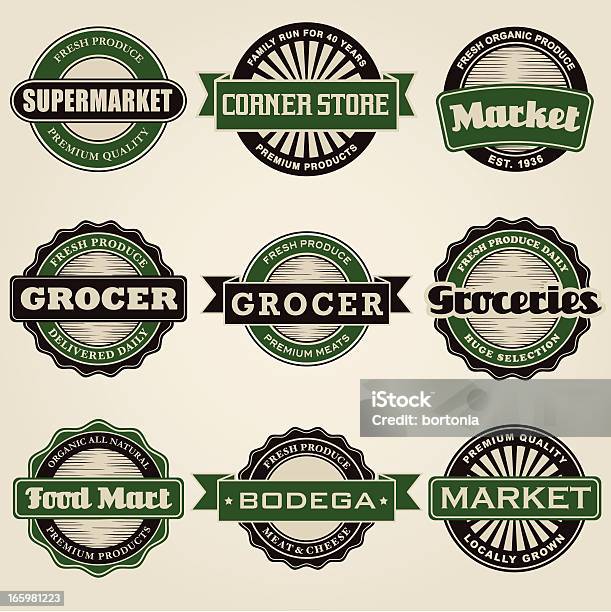 Vintage Supermarket Labels Icon Set Stock Illustration - Download Image Now - Convenience Store, Market - Retail Space, Grocer