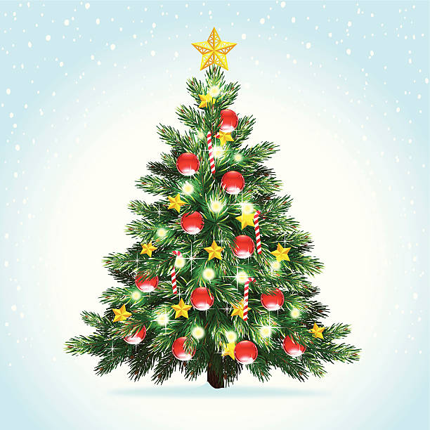 Christmas tree in snow with stars & candy canes vector art illustration