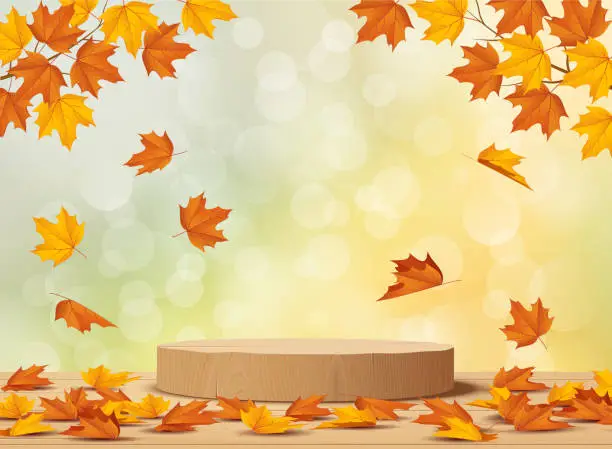 Vector illustration of Wooden podium with falling leaves. Autumn background.