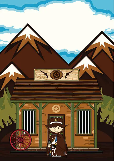 Vector illustration of Cowboy Sheriff in Poncho at Jailhouse Scene