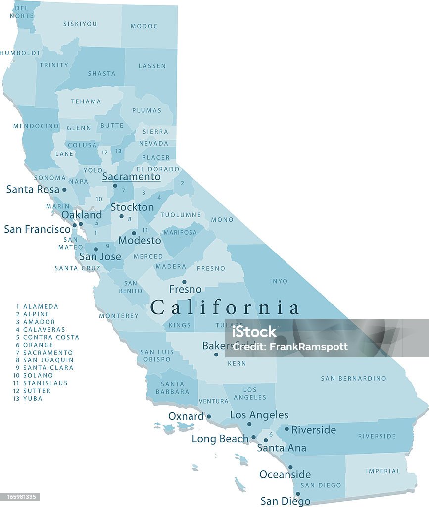 Vector de mapa de las regiones aisladas, California - arte vectorial de Mapa libre de derechos