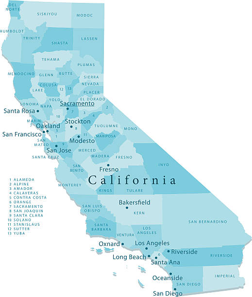 illustrazioni stock, clip art, cartoni animati e icone di tendenza di california mappa vettoriale regioni isolato - stanislaus county