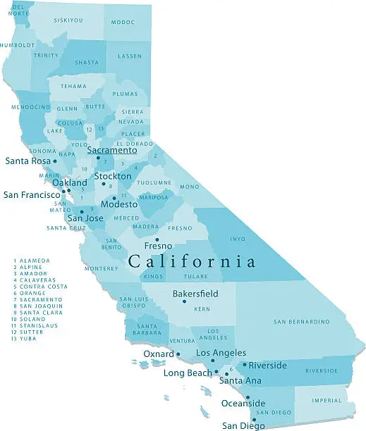 Vector illustration of California Vector Map Regions Isolated