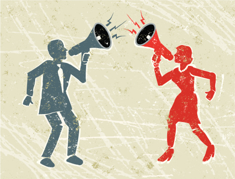 Drown each other out! A stylized vector cartoon of an arguing man and woman shouting at each other through megaphones, suggesting communication, shouting, noise, loud, arguing, relationship difficulties, frustration, getting your message across or volume . Man, woman, megaphones, paper texture and background are on different layers for easy editing. Please note: clipping paths have been used,  an eps version is included without the path.
