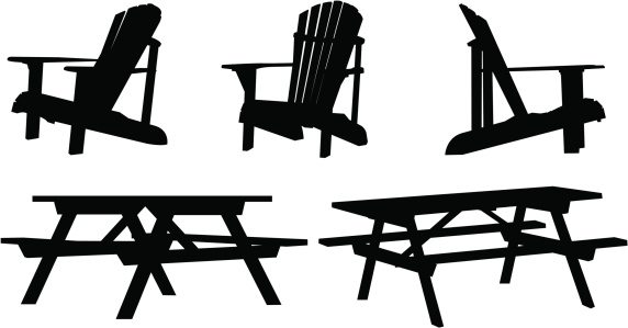 Silhouettes of cottage picnic table and Adirondack/Muskoka Chairs.