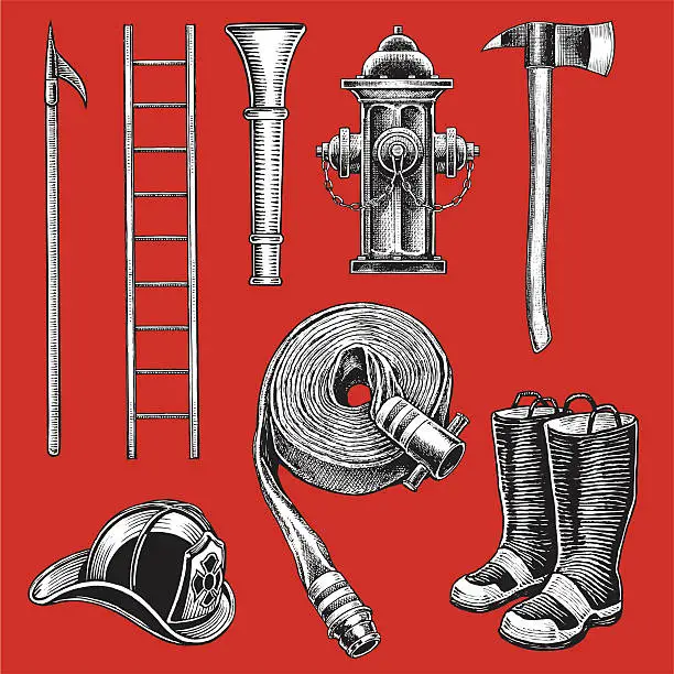 Vector illustration of Firefighting Equipment - Retro Style, 1950's