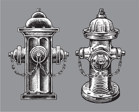 Pen and ink style illustration of a two Fire Hydrants. Use as positive image or reverse out of layout. Ghost art back as design element or color it. Check out my 