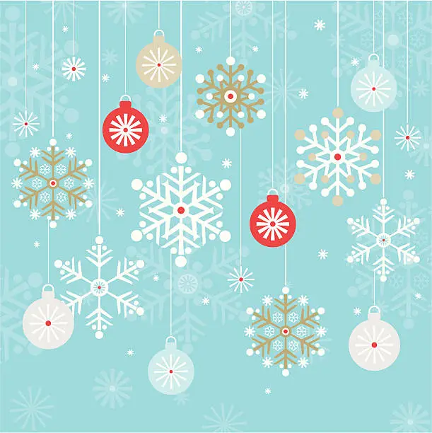 Vector illustration of Vintage Hanging Christmas Baubles and Snowflakes Background