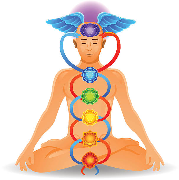 Chakra Energy Circulation Vector illustration of a figure in meditation with the circulation of chakra energy cartoon of caduceus medical symbol stock illustrations