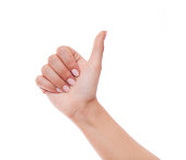 Woman hand showing Thumb up on white