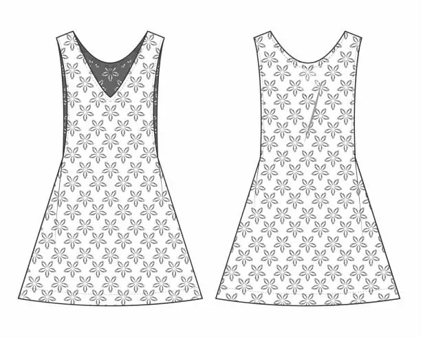 Vector illustration of flat technical drawing template dress with lace fashion details.