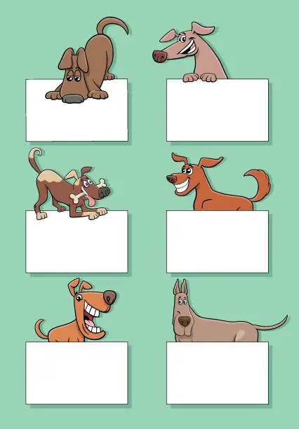 Vector illustration of cartoon dogs and puppies with cards design set