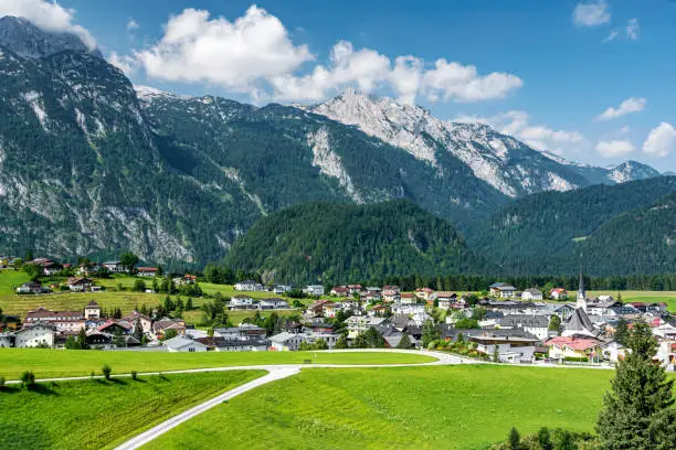The view of Tennengebirge mountains and Abtenau village in Lammertal region in Austria